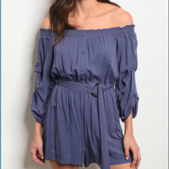 New Dusty Blue Off the Shoulder Belted Romper - Picture 5 of 6